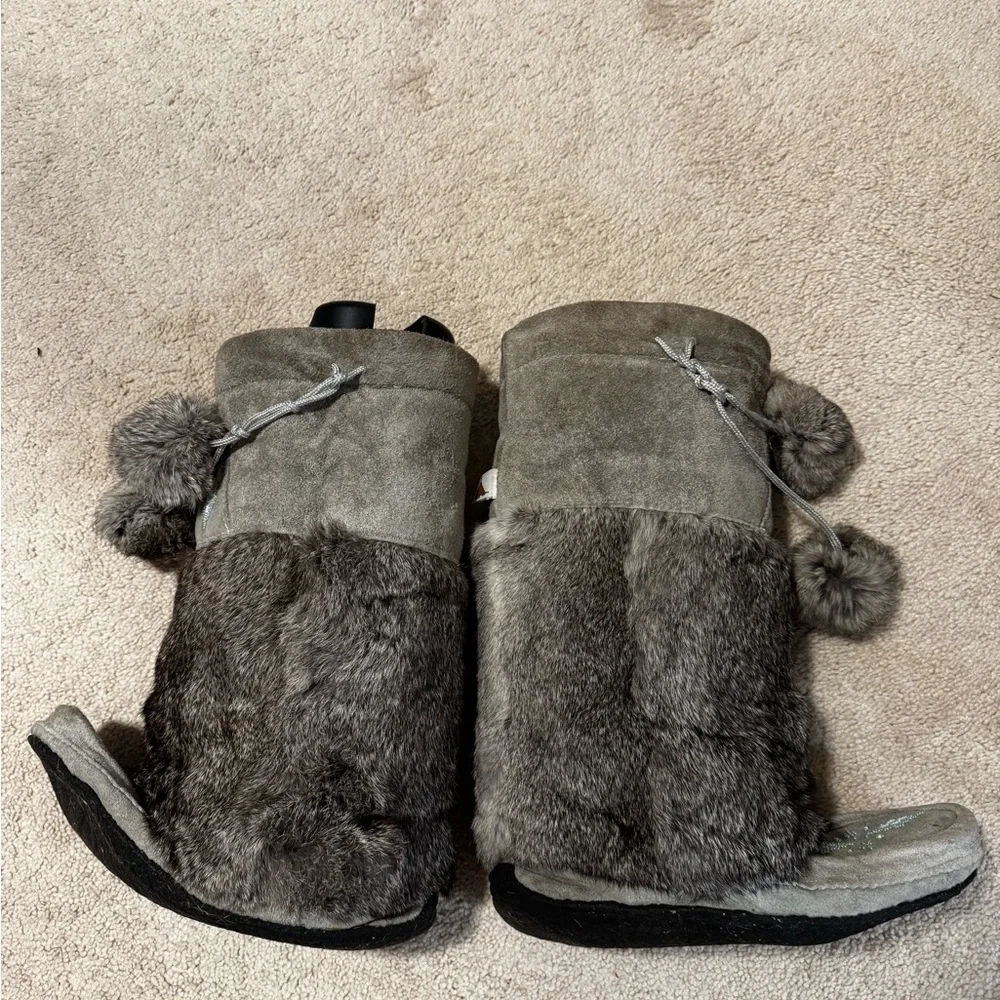 Muk Luks Gray Faux Fur Winter Boots with Pom Poms